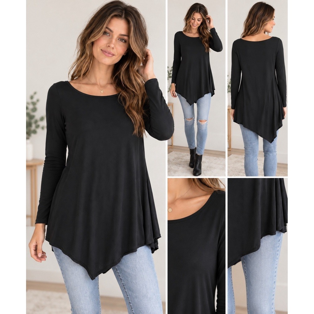 Free People Asymmetrical Tunic Top M Black Modal Blend Lightweight Soft Whimsy